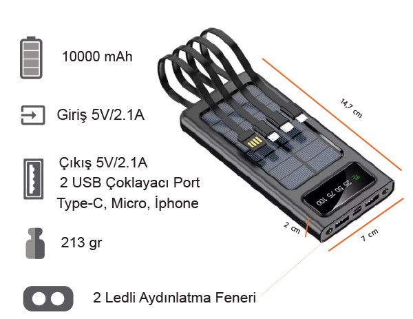 1452 Promosyon Güneş Enerjili Dahili Kablolu Powerbank